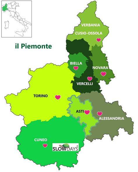 Mappa del Piemonte con evidenziate le città di Cherasco e Torino