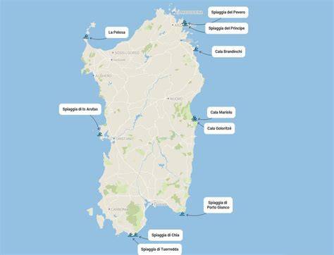 Mappa della Sardegna che evidenzia le zone più rinomate per i matrimoni: Costa Smeralda, Chia, Arcipelago della Maddalena