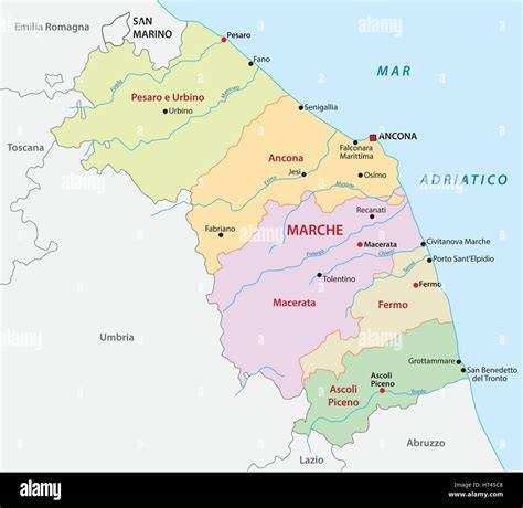 Mappa stilizzata della regione Marche con evidenziata Tolentino