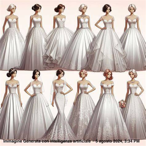 Esempi di abiti da sposa con diversi stili: sirena, principessa, corto