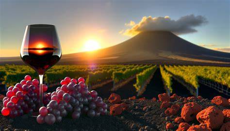 Calice di vino rosso con sfondo di vigneti al tramonto