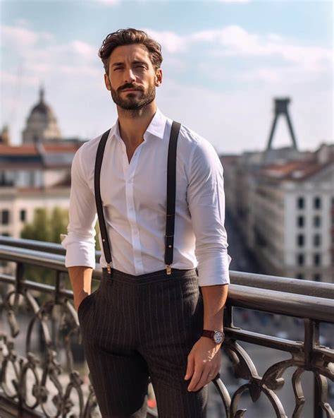Uomo in abito elegante con bretelle