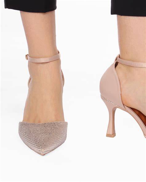 Décolleté open toe in raso con strass