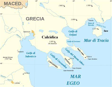 Mappa della Penisola Calcidica che mostra Kassandra