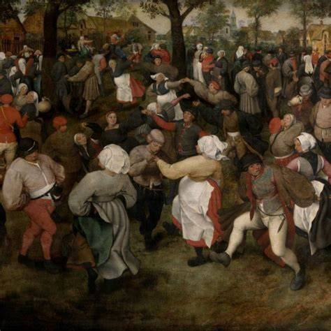 Vista ravvicinata di un dettaglio della Danza Nuziale di Bruegel, con figure che danzano e suonano strumenti.