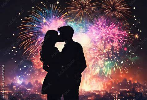 Coppia che si bacia sotto i fuochi d'artificio
