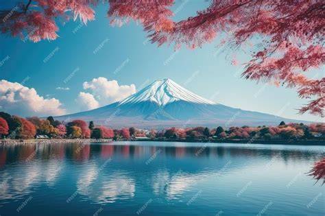 Vista del Monte Fuji con un lago e alberi in primo piano