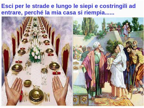 Illustrazione della parabola del grande banchetto con Gesù che invita i poveri, gli storpi e i ciechi.